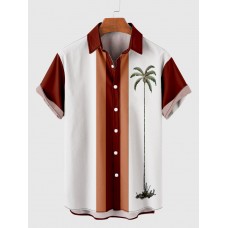 50s Orange & White Stitching Coconut Tree Printing Men's Short Sleeve Shirt