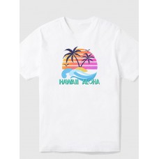 Colorful Coconut Tree Printing Cotton Men's Short Sleeve Tee
