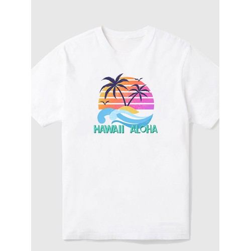 Colorful Coconut Tree Printing Cotton Men's Short Sleeve Tee