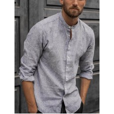 Men's loose sleeve cotton and linen shirt with stand collar HF0902-03-01