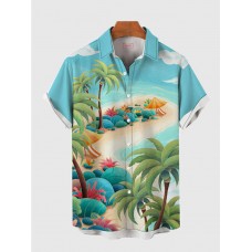 Full-Print Hawaiian Coconut Trees And Beach Printing Men's Short Sleeve Shirt