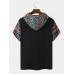 Mens Tribal Geometric Print Patchwork Double Pocket Short Sleeve Hooded T  Shirts