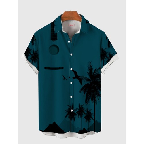 Hawaiian Creative Guitar and Palm Coconut Tree Printing Men's Short Sleeve Shirt