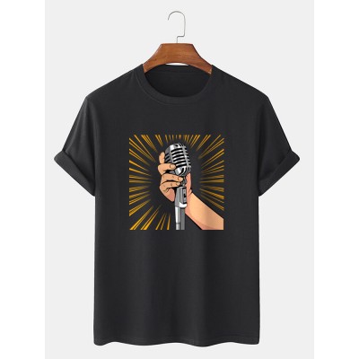 Mens Microphone Hand Graphic Short Sleeve Cotton T  Shirts